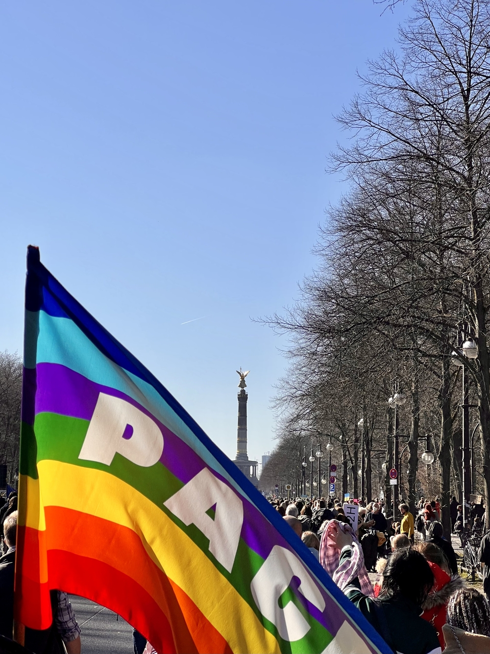 Regenbogenflagge mit der Aufschrift „PACE“ vor einer Menschenmenge, die auf die Siegessäule in Berlin zuläuft.