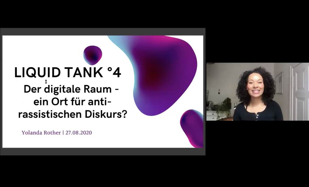 Bildschirmaufnahme des vierten Liquid Tanks mit dem Titelbild der gezeigten Präsentation auf der rechten und der Speakerin Yolanda Rother auf der linken Seite.