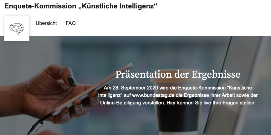 Screenshot der interaktiven Veranstaltung zur Enquente Kommission "Künstliche Intelligenz" mit Informationen zu der Präsentation der Ergebnisse und dem Datum der Veranstaltung.