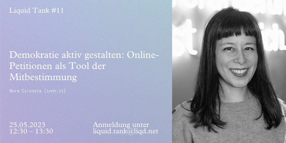 Infographic for the 11th Liquid Tank. The title, date and registration details for the event are written in white on a purple background. Next to it is a black and white picture of speaker Nora Circosta.