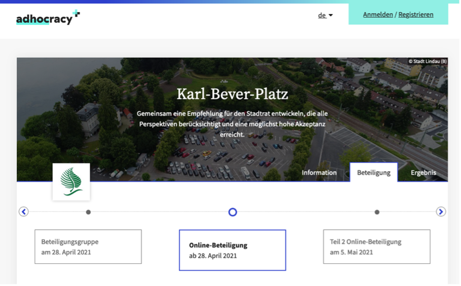 Screenshot der Startseite für die Online-Beteiligung der Stadt Lindau zum Karl-Bever-Platz. Zus sehen ist die die Überschrift mit einer kurzen Einleitung und die Leiste mit den verschiedenen Beteiligungsabschnitten.