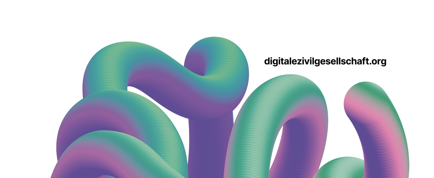 Futuristische Illustration mit bunten Röhren sowie dem Schriftzug „digitalezivilgesellschaft.org“