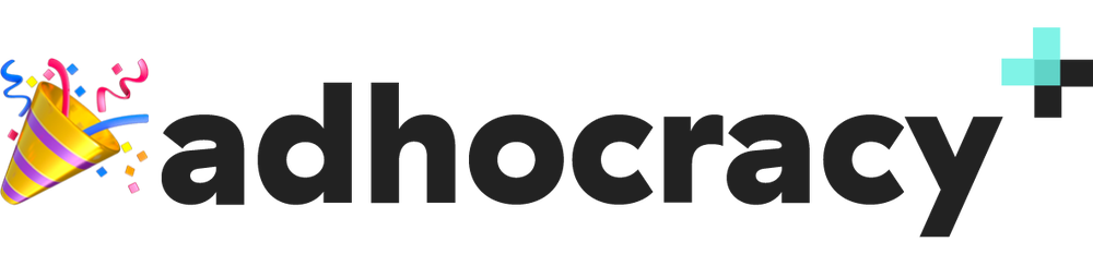Abgebildet ist das Logo von Adhocracy plus mit einem Party Emoji auf der linken Seite.