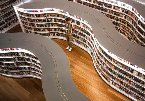 Auf dem Bild sind mehrere geschwungene Bücherregale und eine Bücherwand abgebildet. In der Mitte des Bildes steht eine Person, die ein Buch liest.