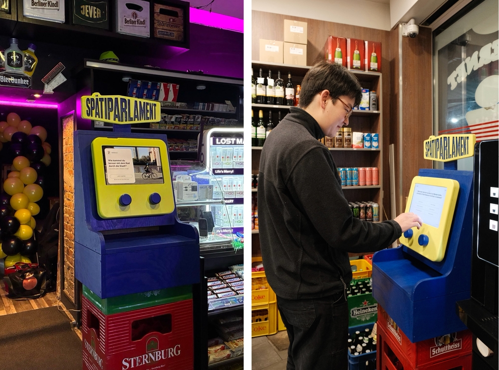 Der „Kiez-o-mat“-Prototyp in Aktion in einem Berliner Späti