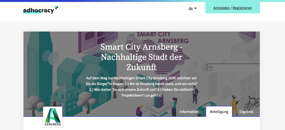 Screenshot der Startseite für den Beteiligungsprozess für die Smart City Strategie Arnsberg 2030, mit einer Überschrift und kurzen Einleitung vor einer abstrakten Illustration.