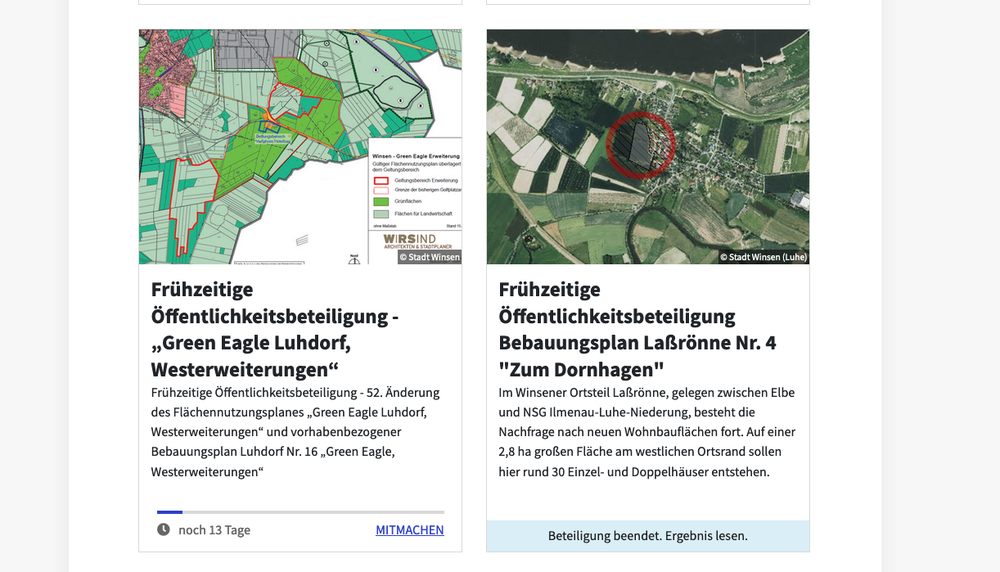 Auf dem Screenshot sind zwei Beteiligungsprojekte der Stadt Winsen (Luhe) zu sehen.
